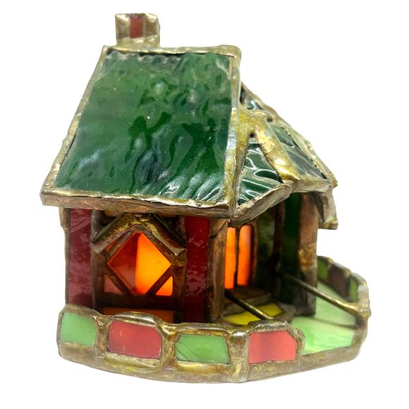 Stained Glass Christmas Cottage Village Illuminated w/ Led Candle One Of A Kind - Picture 3 of 7